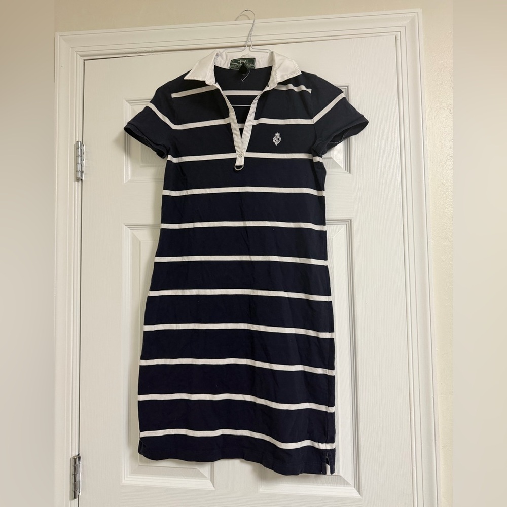 RALPH LAUREN Women’s Navy White Striped Sporty Polo Shirt Cotton Dress EUC Small - Picture 2 of 6